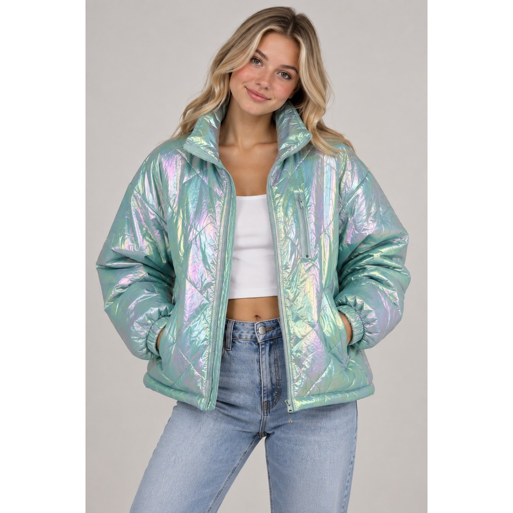 Peach Love California Womens Medium Iridescent Puffer Jacket Turquoise Oversized